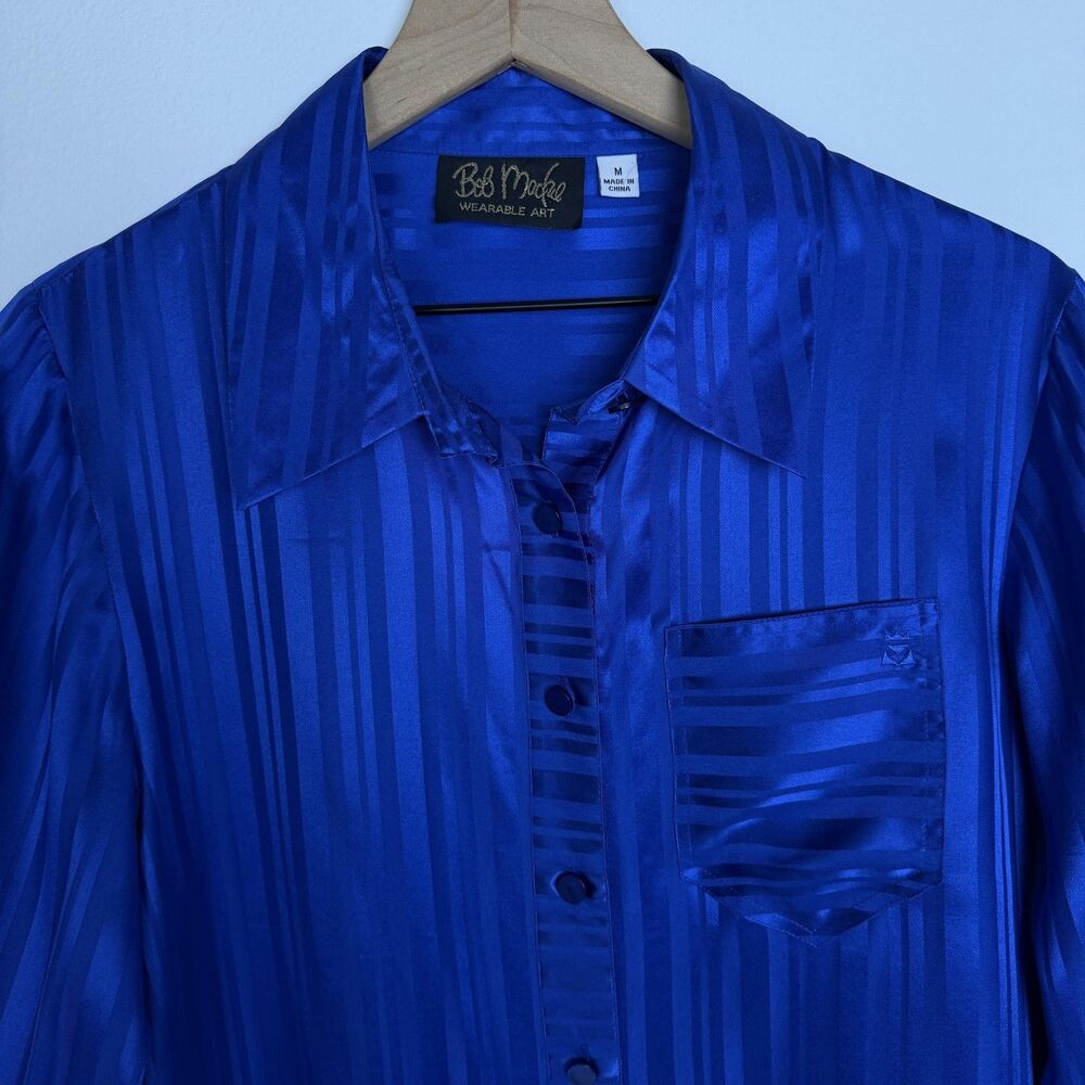 Bob Mackie Shirt Womens Medium Blue Stripe Silk Satin Button Long Sleeve